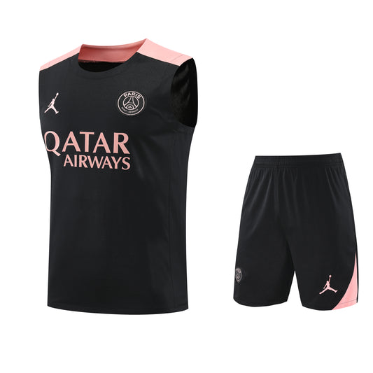 Kit Adulto PSG 25-26 – Regata Preta e Shorts Brancos com Detalhes em Rosa