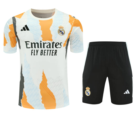 Kit Adulto Real Madrid 25-26 - Branco com Detalhes em Laranja e Cinza