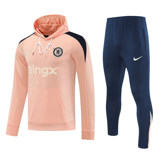 Kit Adulto Chelsea 25-26 – Moletom de Capuz Salmão com Detalhes Azul-Marinho + Calça