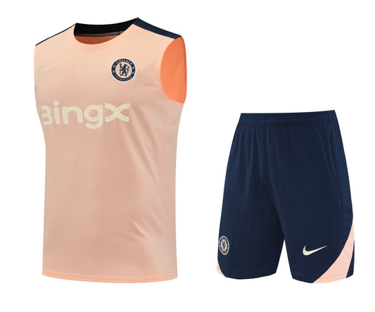 Kit Adulto Chelsea 25-26 – Regata Salmão com Detalhes Azul-Marinho + Shorts