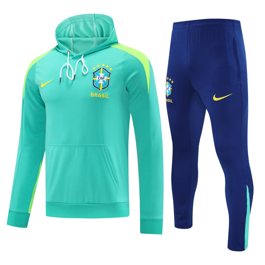 Kit Adulto Seleção Brasileira 25-26 – Moletom de Capuz Verde Água com Detalhes em Amarelo + Calça Azul Marinho