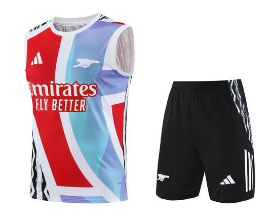 Kit Adulto Arsenal 25-26 – Regata Branca com Detalhes em Vermelho e Azul e Shorts Pretos