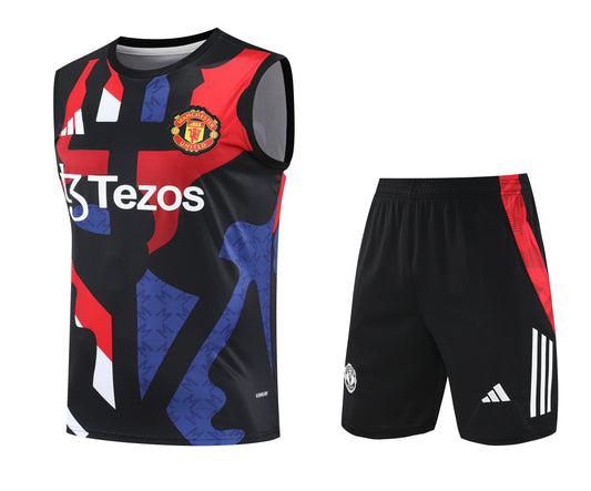 Kit Adulto Manchester United 25-26 – Regata e Shorts Pretos com Detalhes em Vermelho e Azul