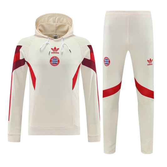 Kit Adulto Bayern de Munique 25-26 – Moletom de Capuz Bege com Detalhes em Vermelho + Calça