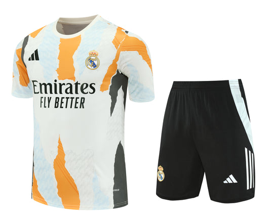 Kit Adulto Real Madrid 25-26 - Branco com Detalhes em Laranja e Cinza