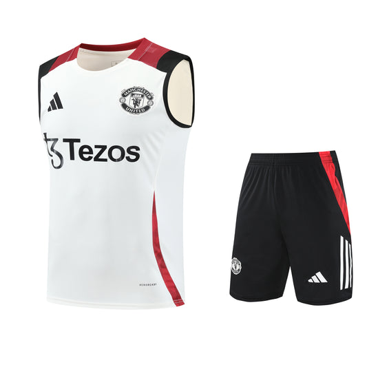 Kit Adulto Manchester United 25-26 – Regata Branca e Shorts Pretos com Detalhes em Vermelho