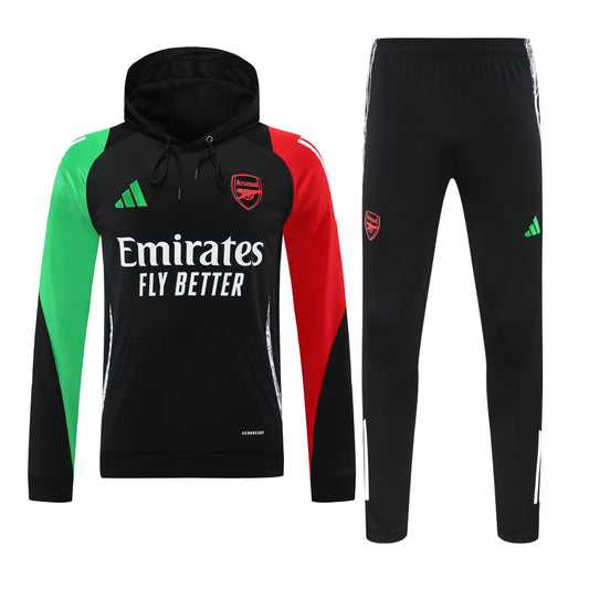 Kit Adulto Arsenal 24-25 – Moletom de Capuz Preto com Detalhes em Verde e Vermelho + Calça