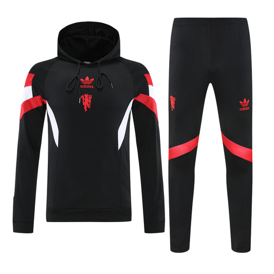 Kit Adulto Manchester United 25-26 – Moletom de Capuz Preto com Detalhes em Vermelho e Branco + Calça