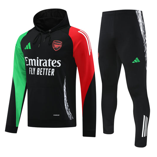 Kit Adulto Arsenal 24-25 – Moletom de Capuz Preto com Detalhes em Verde e Vermelho + Calça