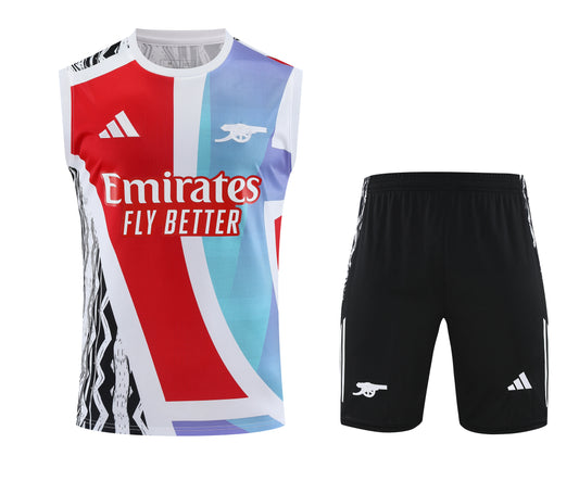 Kit Adulto Arsenal 25-26 – Regata Branca com Detalhes em Vermelho e Azul e Shorts Pretos