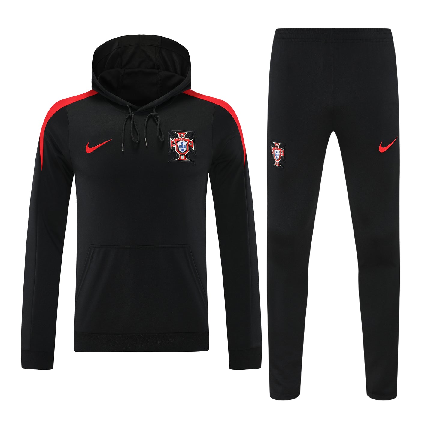 Kit Adulto Seleção de Portugal 24-25 – Moletom de Capuz Preto com Detalhes Vermelhos + Calça