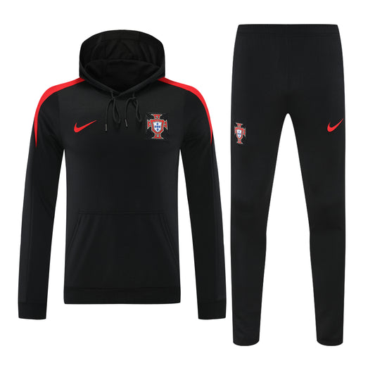 Kit Adulto Seleção de Portugal 24-25 – Moletom de Capuz Preto com Detalhes Vermelhos + Calça