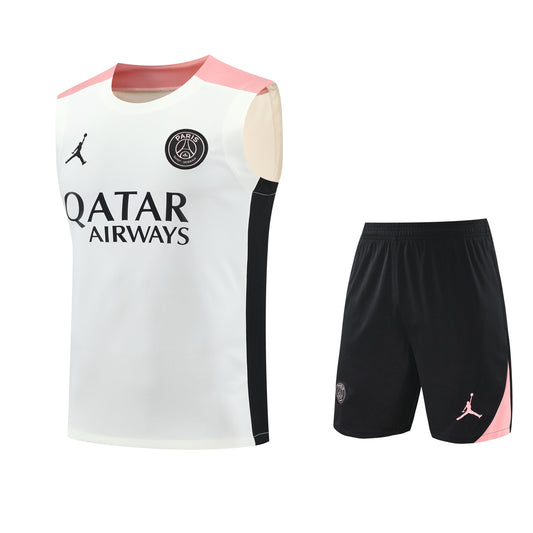 Kit Adulto PSG 25-26 – Regata Branca e Shorts Pretos com Detalhes em Rosa