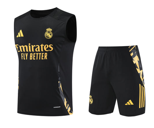 Kit Adulto Real Madrid 25-26 – Regata e Shorts Pretos com Detalhes Dourados