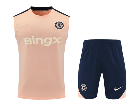 Kit Adulto Chelsea 25-26 – Regata Salmão com Detalhes Azul-Marinho + Shorts