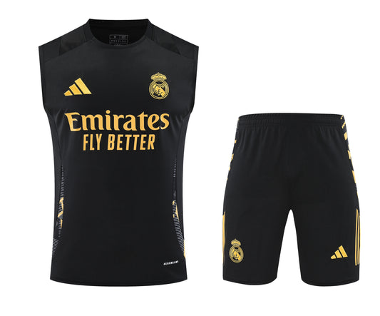 Kit Adulto Real Madrid 25-26 – Regata e Shorts Pretos com Detalhes Dourados