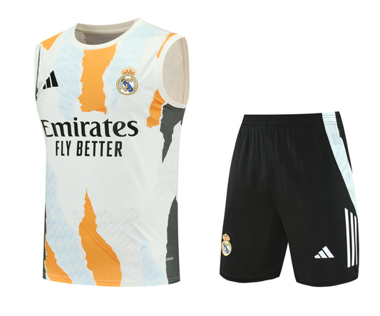 Kit Adulto Real Madrid 25-26 – Regata Branca com Detalhes em Cinza e Laranja + Shorts Pretos