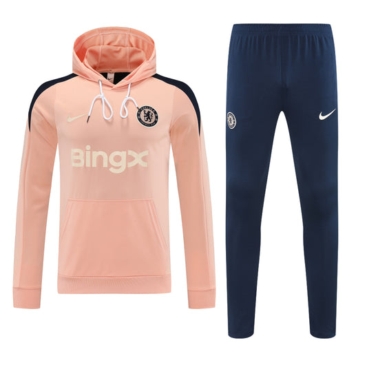 Kit Adulto Chelsea 25-26 – Moletom de Capuz Salmão com Detalhes Azul-Marinho + Calça