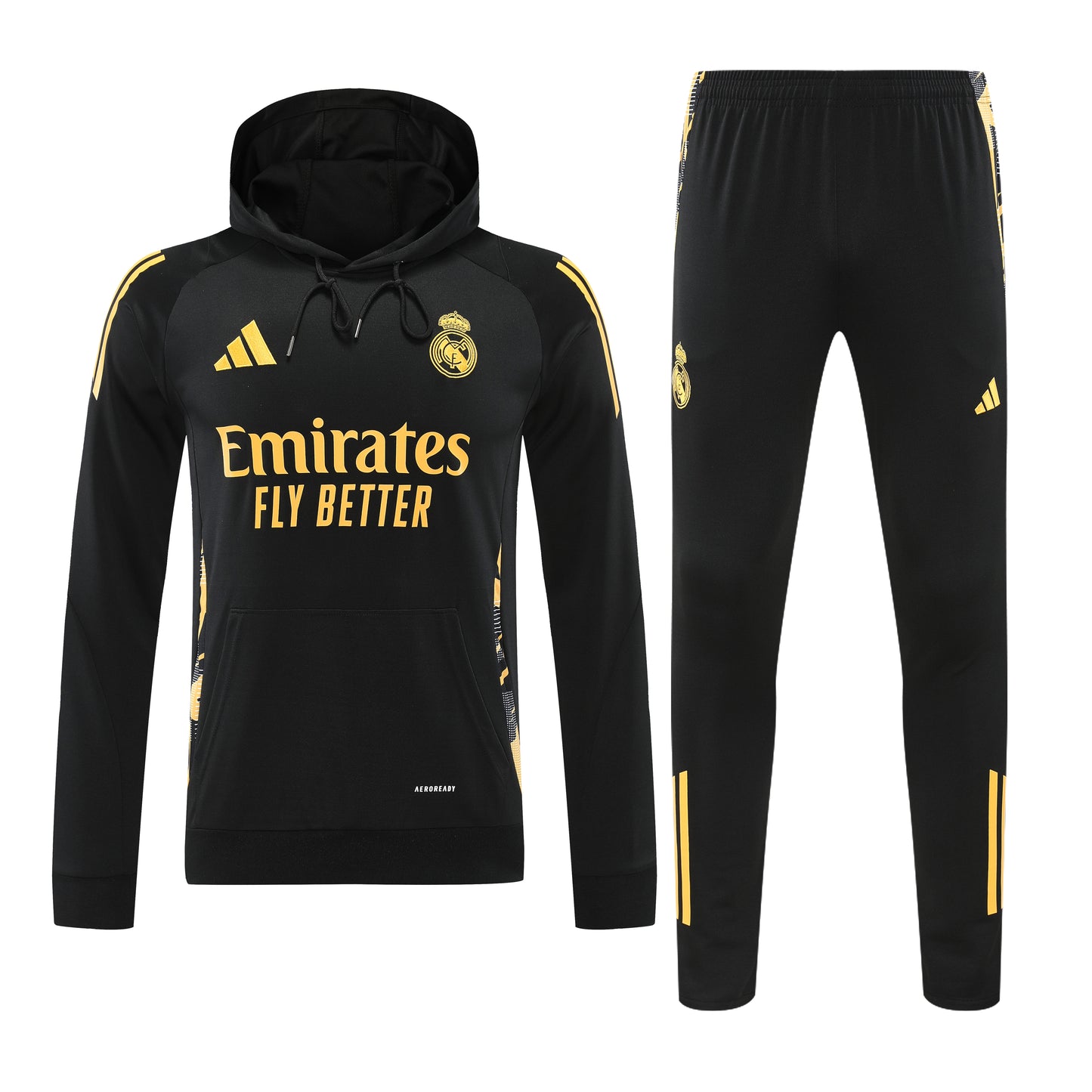 Kit Adulto Real Madrid 24-25 – Moletom de Capuz Preto com Detalhes Dourados + Calça Comprida