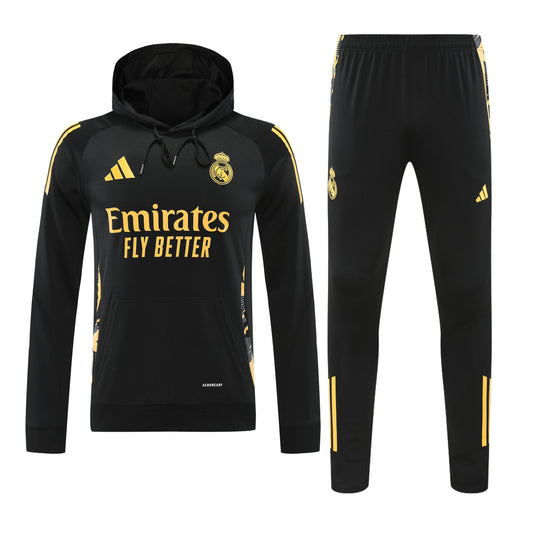 Kit Adulto Real Madrid 24-25 – Moletom de Capuz Preto com Detalhes Dourados + Calça Comprida
