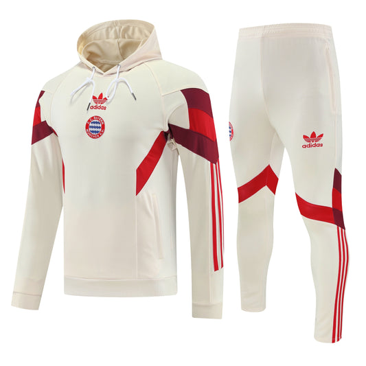 Kit Adulto Bayern de Munique 25-26 – Moletom de Capuz Bege com Detalhes em Vermelho + Calça
