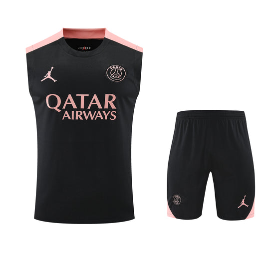 Kit Adulto PSG 25-26 – Regata Preta e Shorts Brancos com Detalhes em Rosa
