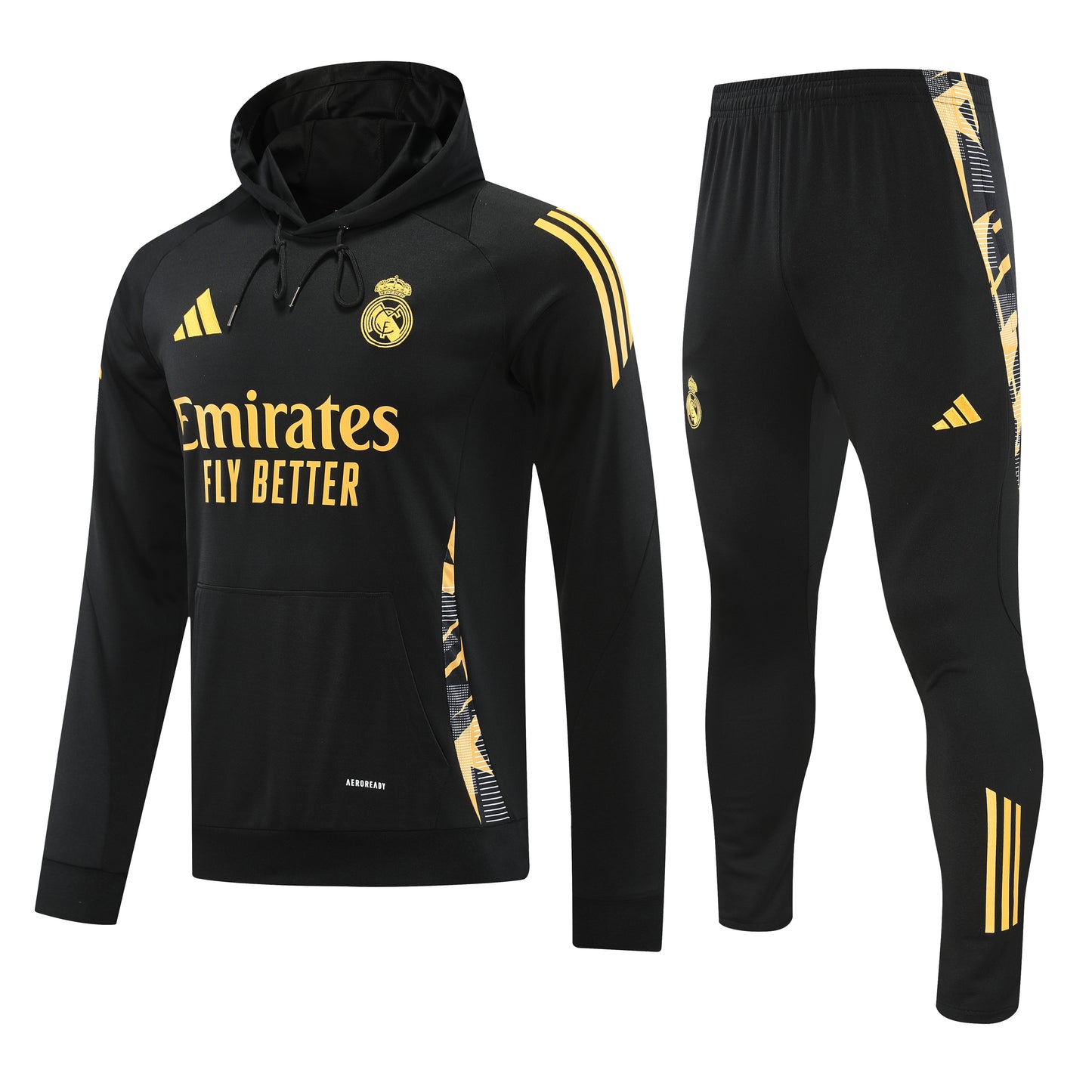 Kit Adulto Real Madrid 24-25 – Moletom de Capuz Preto com Detalhes Dourados + Calça Comprida