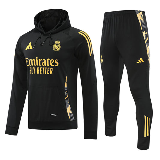 Kit Adulto Real Madrid 24-25 – Moletom de Capuz Preto com Detalhes Dourados + Calça Comprida