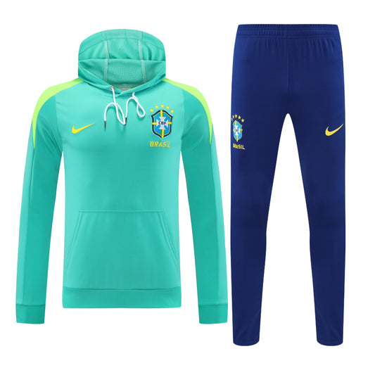 Kit Adulto Seleção Brasileira 25-26 – Moletom de Capuz Verde Água com Detalhes em Amarelo + Calça Azul Marinho